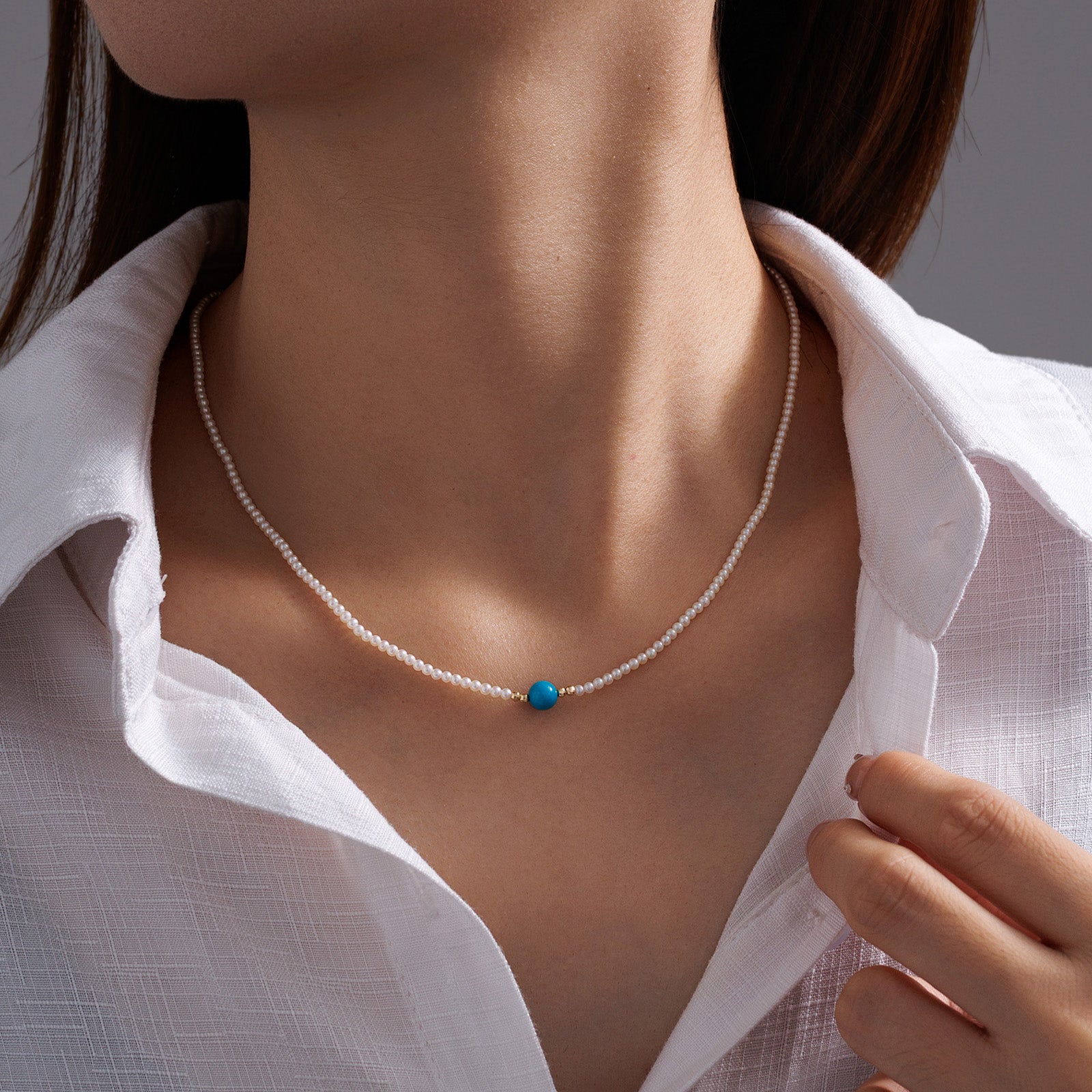2.5mm Baby Akoya Pearl & 6mm Turquoise Bead Necklace S925 Silver Bamboo Joint Clasp