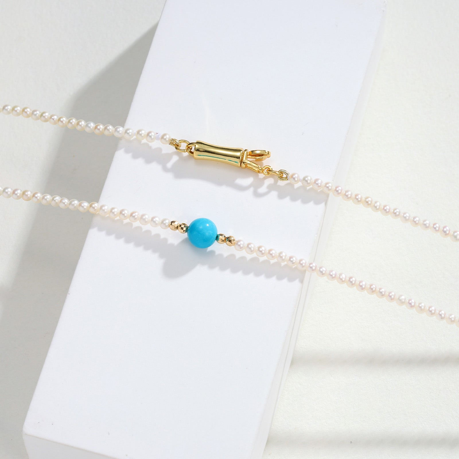 2.5mm Baby Akoya Pearl & 6mm Turquoise Bead Necklace S925 Silver Bamboo Joint Clasp
