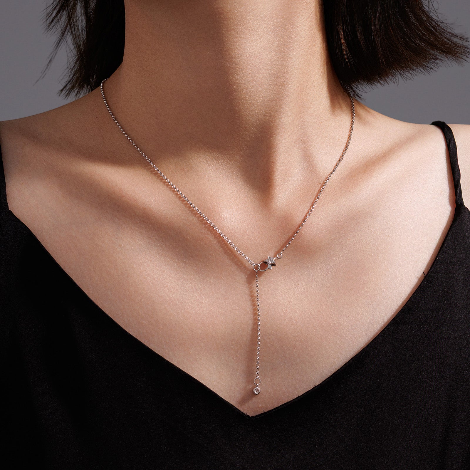 Paperclip Lariat Necklace with Diamond Front Clasp in 18K Gold