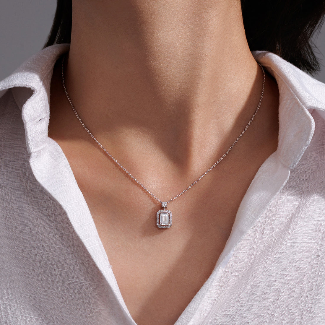 1.31ct Lab Grown Diamond Emerald‑Cut Halo Pendant Necklace in 18K