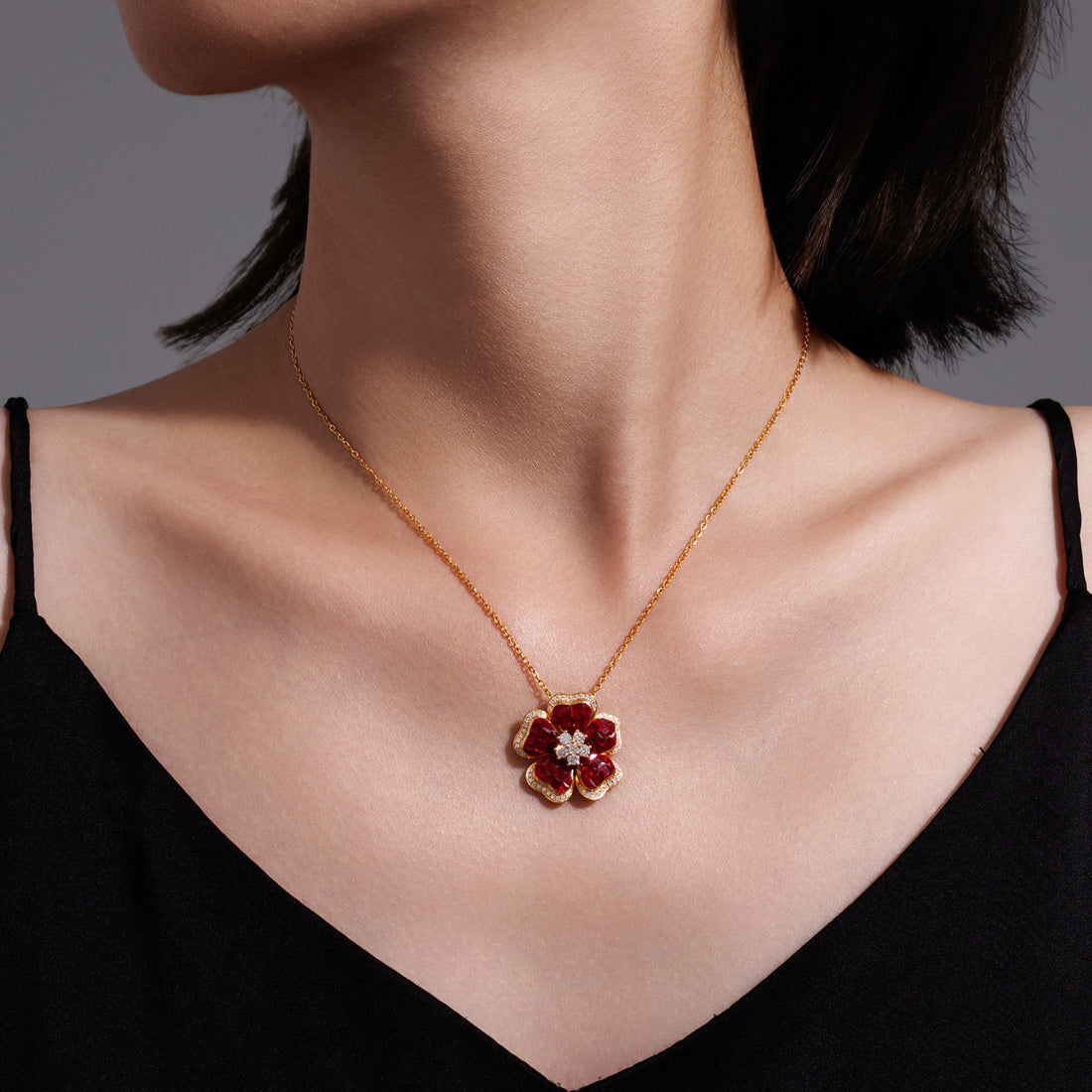 3.39ct Ruby Flower Pendant& Natural Diamond Accents in 18K (Pendan only)