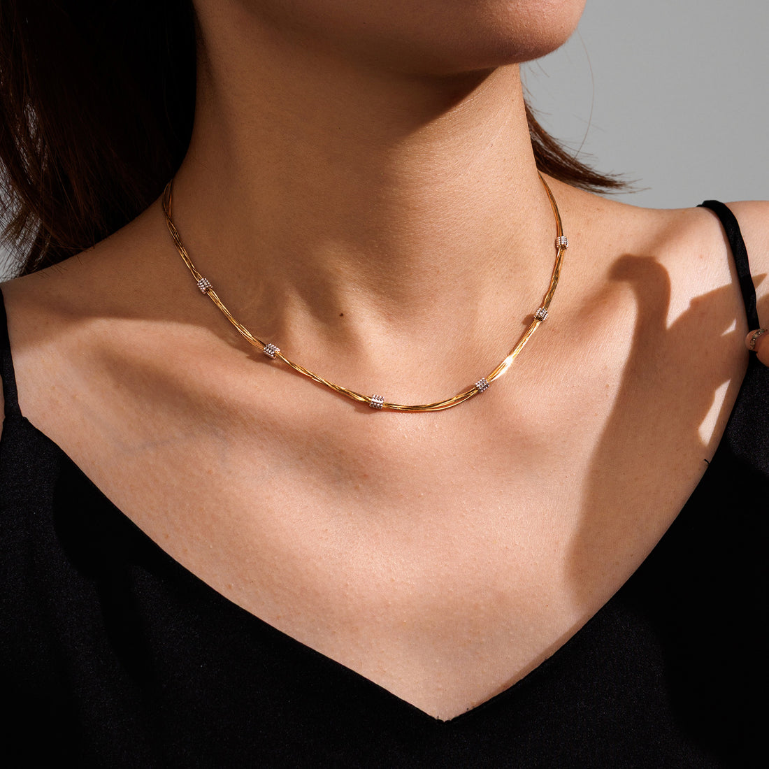 18K Solid Gold Tassel Snake Chain Station Necklace