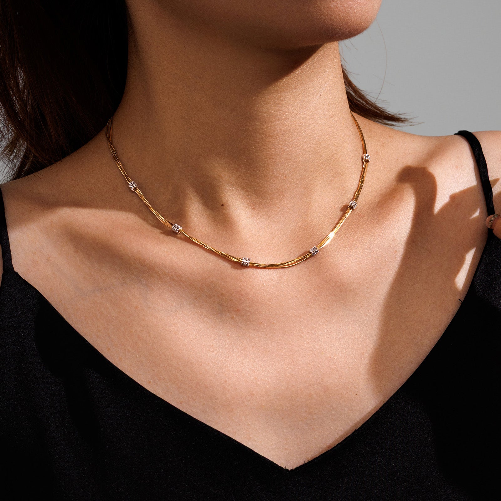18K Yellow Gold Tassel Snake Chain Station Necklace