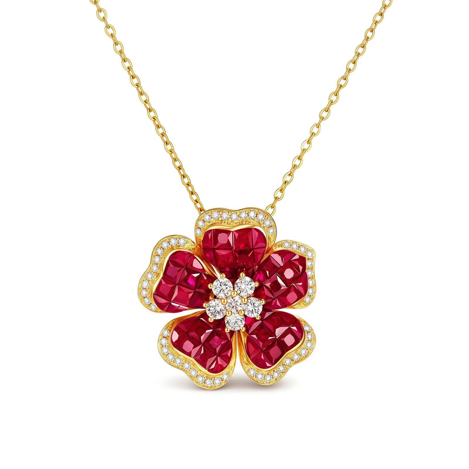 3.39ct Ruby Flower Pendant& Natural Diamond Accents in 18K (Pendan only)