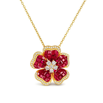 3.39ct Ruby Flower Pendant& Natural Diamond Accents in 18K (Pendan only)