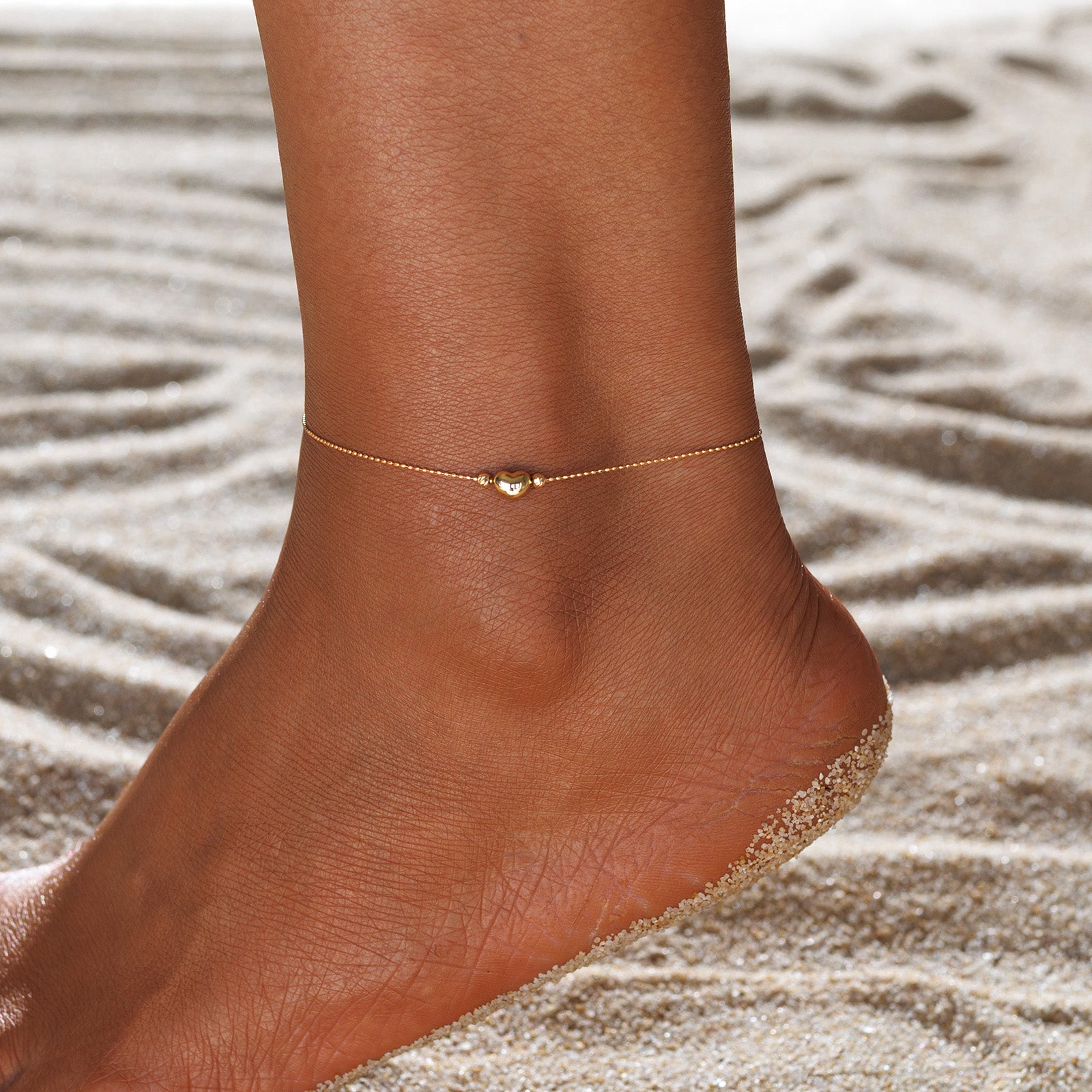 18K Gold Adjustable Puffy Heart Anklet