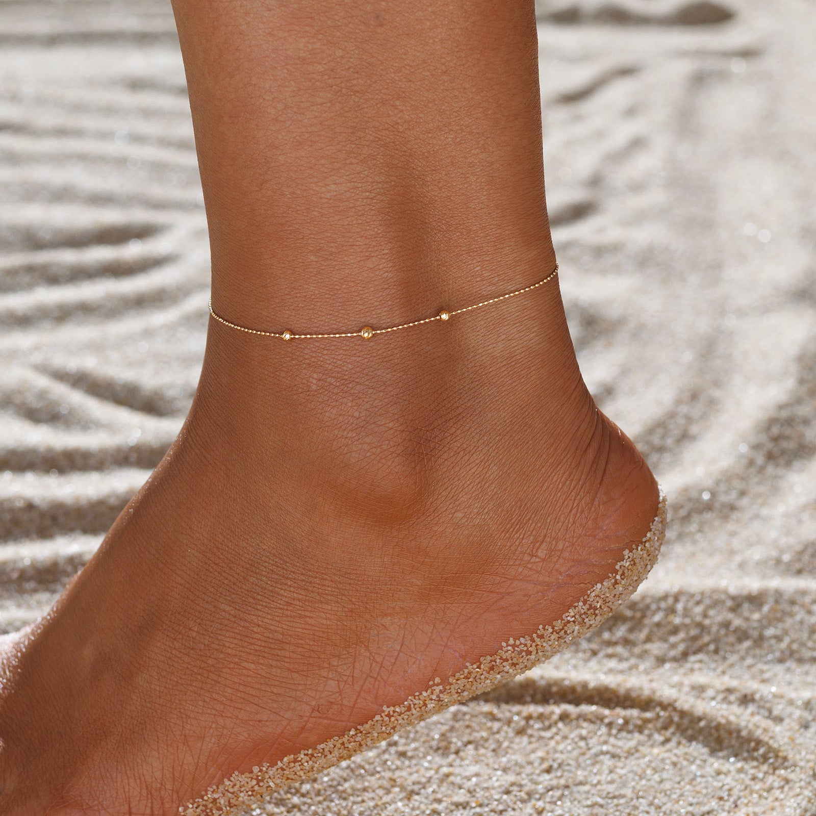 18K Gold Adjustable Station Bead Anklet