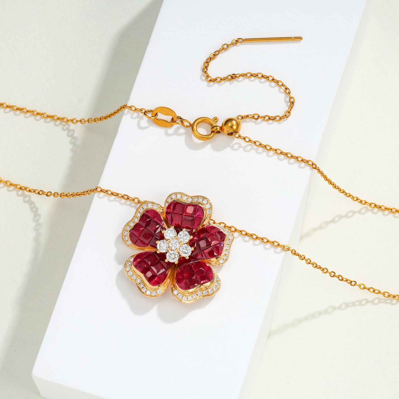 3.39ct Ruby Flower Pendant& Natural Diamond Accents in 18K (Pendan only)