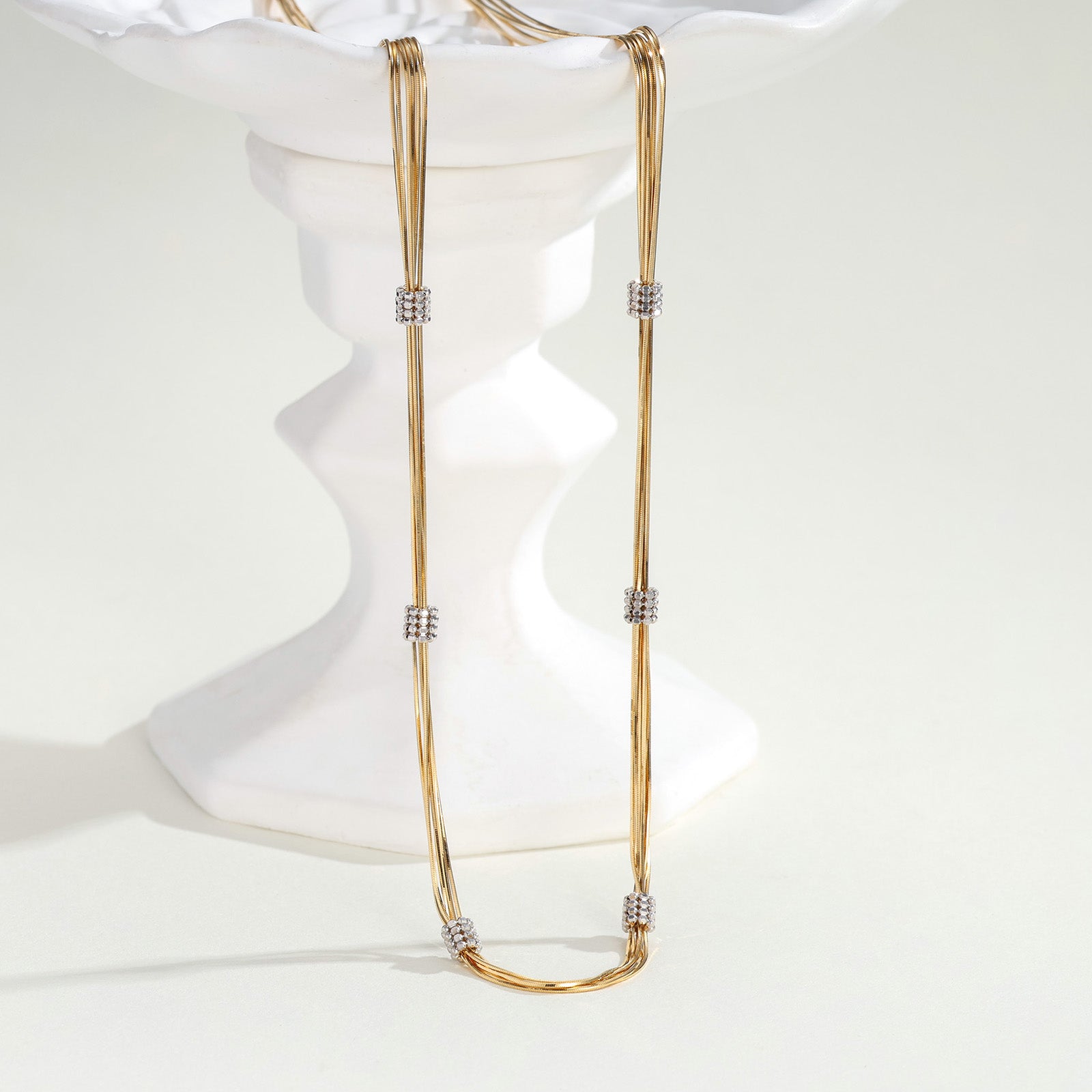 18K Yellow Gold Tassel Snake Chain Station Necklace