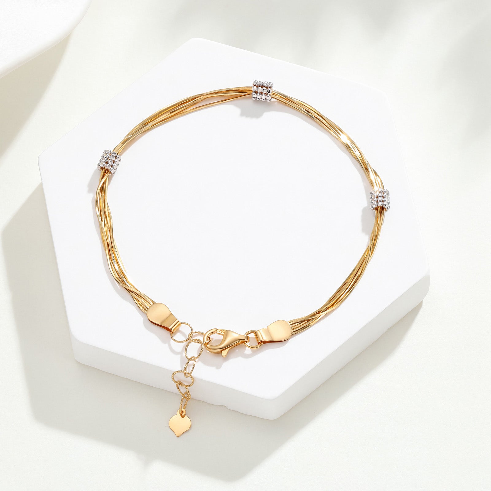 18K Yellow Gold Tassel Twisted Snake Bone Station Bracelet