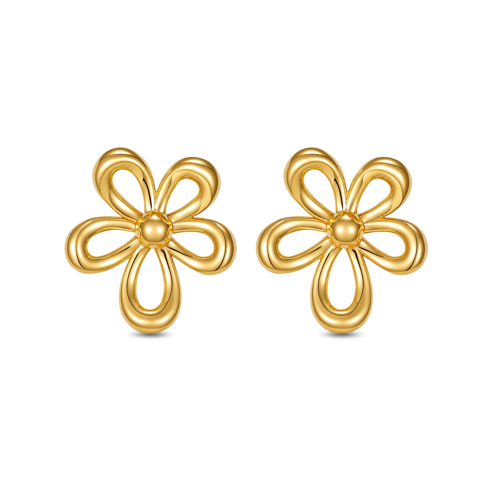 18K Solid Gold Hollow Five-Petal Flower Stud Earrings