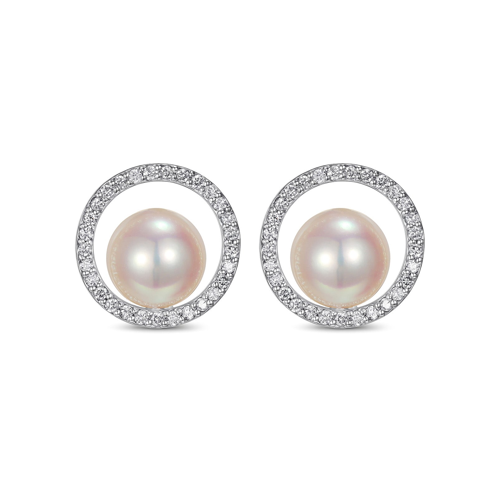 Platinum Akoya Pearl Diamond Halo Stud Earrings 0.14ct Each