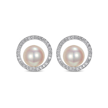 Platinum Akoya Pearl Diamond Halo Stud Earrings 0.14ct Each