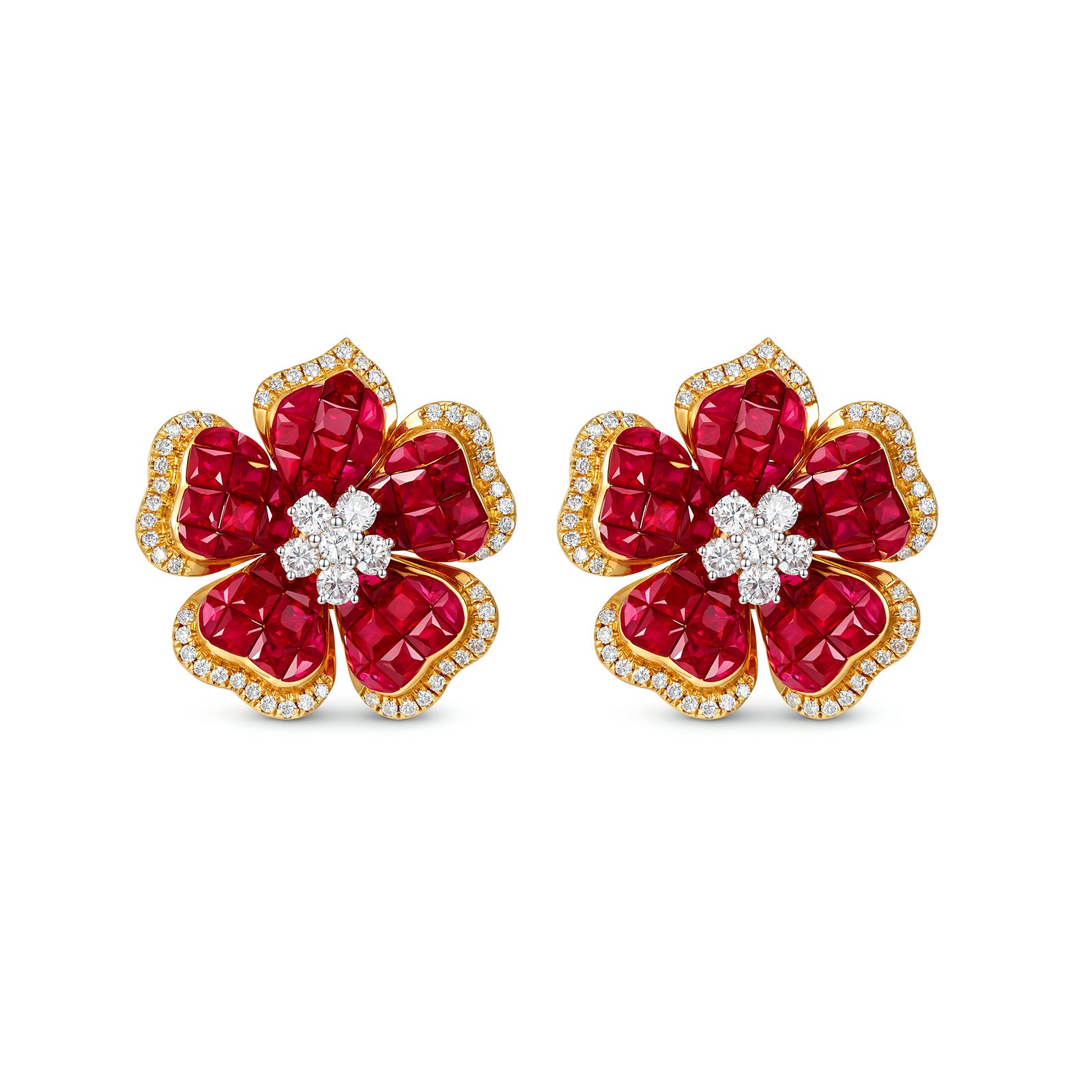 Natural Ruby & Diamond Five Petal Flower Stud Earrings in 18K Yellow Gold