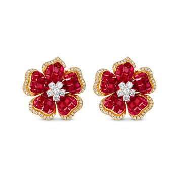 Natural Ruby & Diamond Five Petal Flower Stud Earrings in 18K Yellow Gold