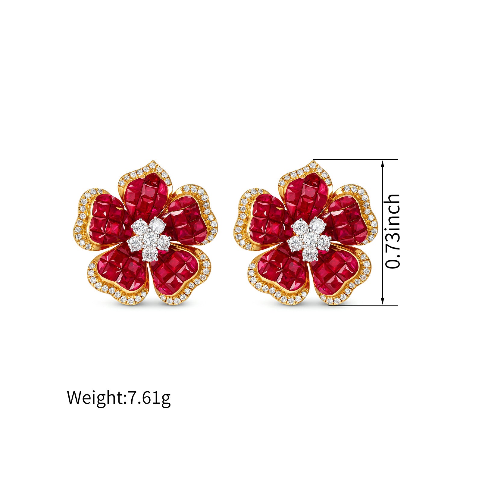 Natural Ruby & Diamond Five Petal Flower Stud Earrings in 18K Yellow Gold