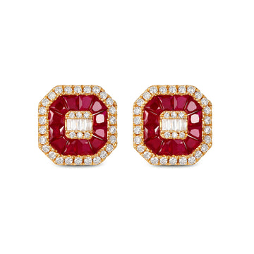 Natural Ruby & Diamond Cushion Halo Stud Earrings in 18K Gold