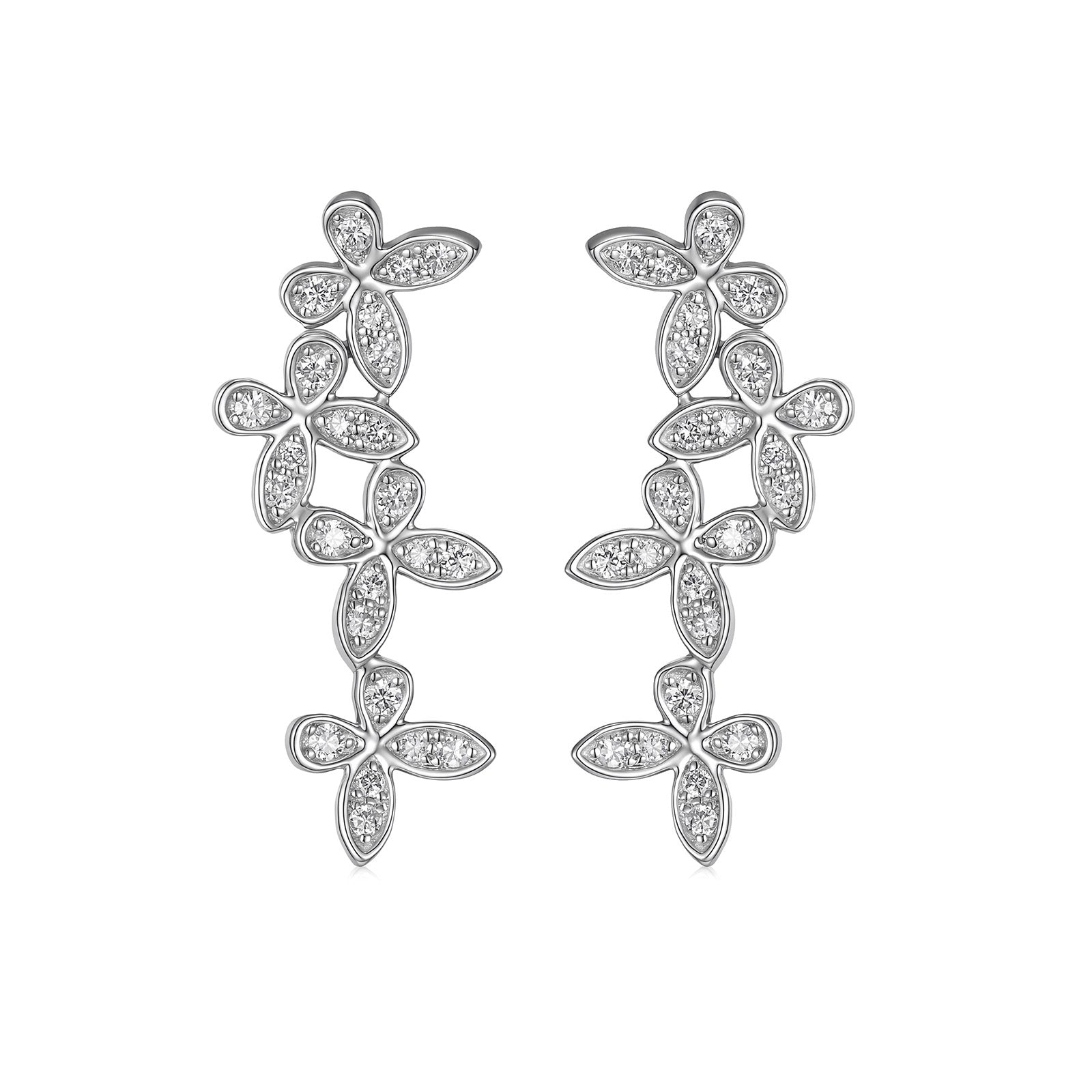 18K Solid White Gold Four Butterfly Natural Diamond Stud Earrings