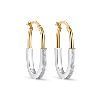18K Solid Two-Tone White & Yellow Gold Oval Hoop Earrings