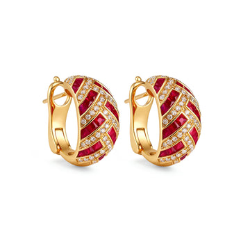 Natural Ruby & Diamond Woven Horn Huggie Earrings in 18K Yellow Gold