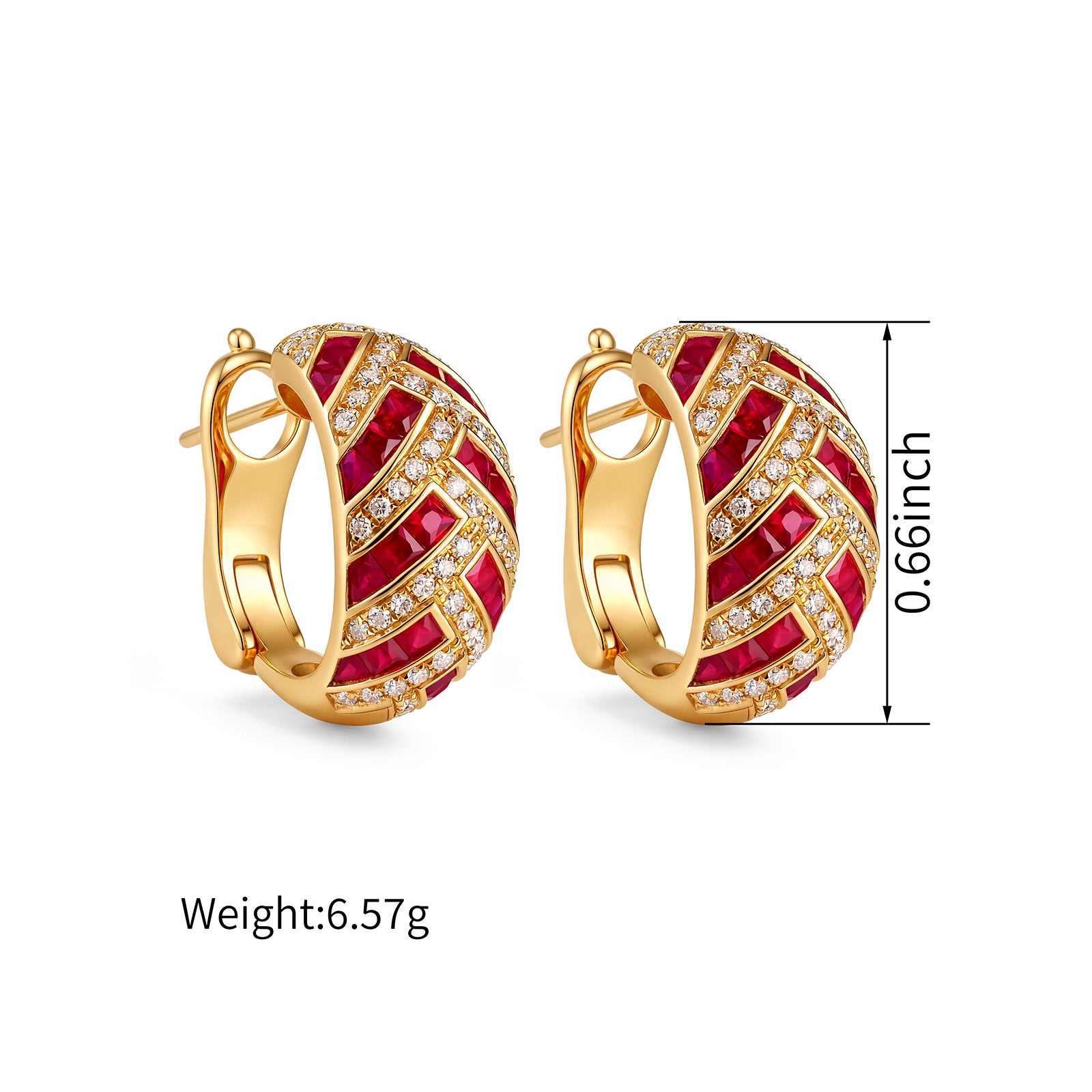 Natural Ruby & Diamond Woven Horn Huggie Earrings in 18K Yellow Gold