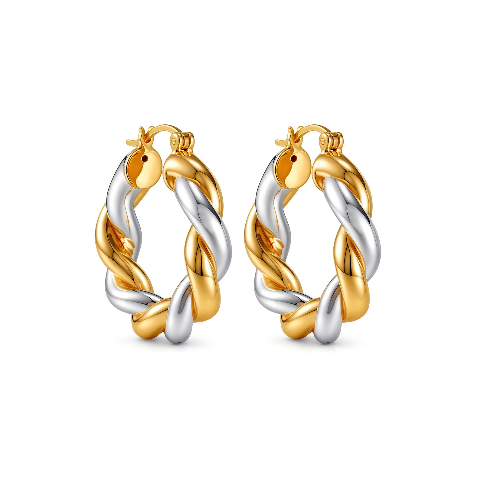 18K Solid Gold Two-Tone Gold Twisted Hoop Huggie Earrings