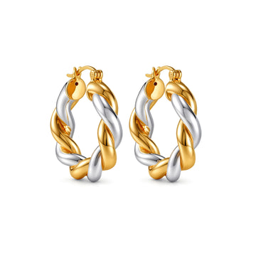18K Solid Gold Two-Tone Gold Twisted Hoop Huggie Earrings