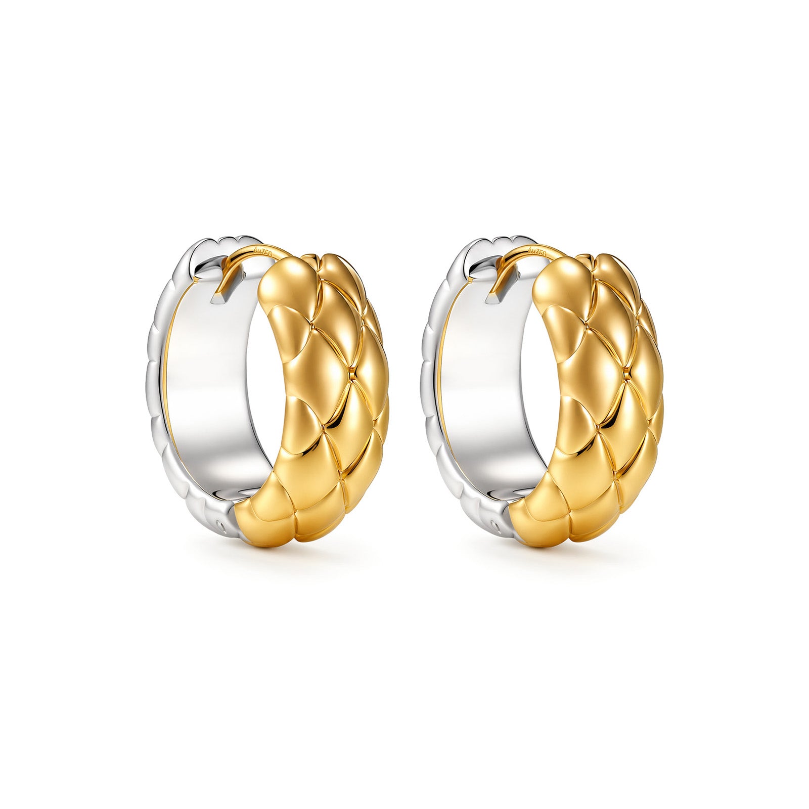 18K Two-Tone Gold Quilted Texture Huggie Hoop Earrings