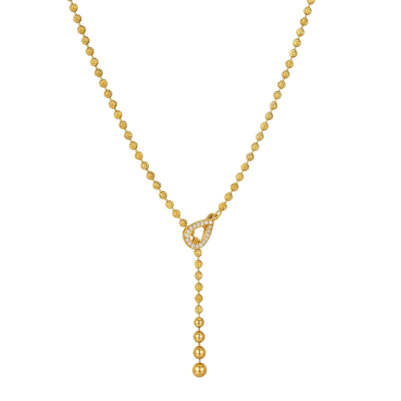18K Solid Gold Textured Bead Chain Teardrop Natural Diamond Y-Necklace