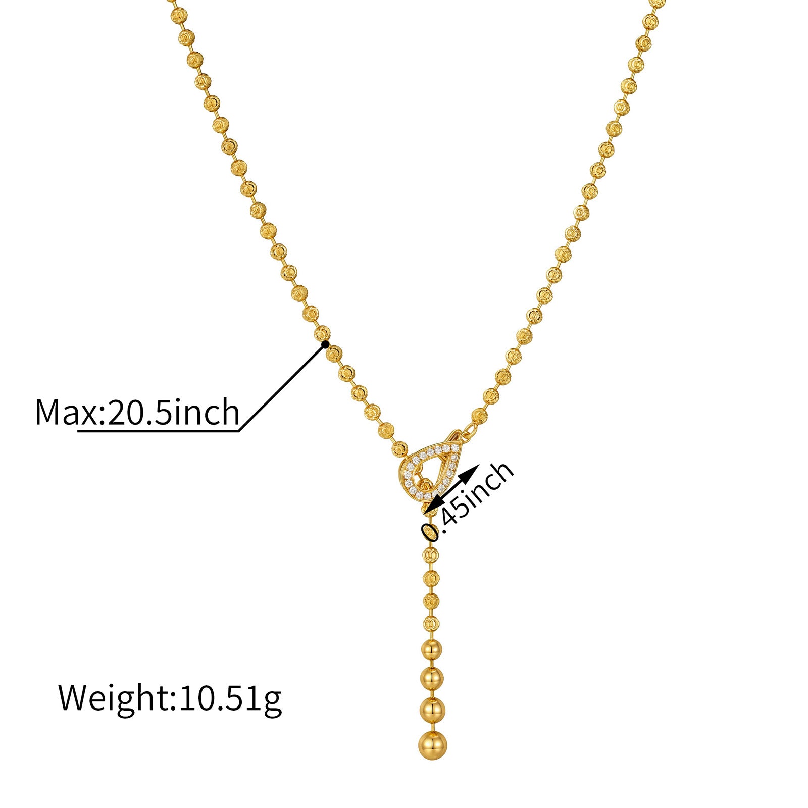 18K Solid Gold Textured Bead Chain Teardrop Natural Diamond Y-Necklace