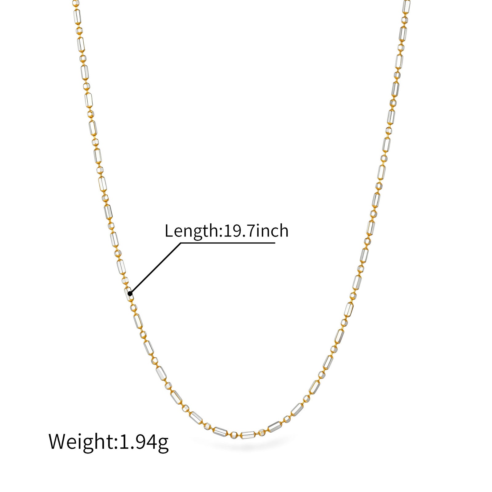 18K Solid Two-Tone White & Yellow Gold Bead Bar Chain Necklace