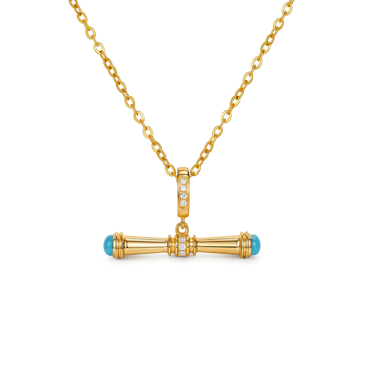 Turquoise-Capped Diamond Bar Pendant in 18K Gold