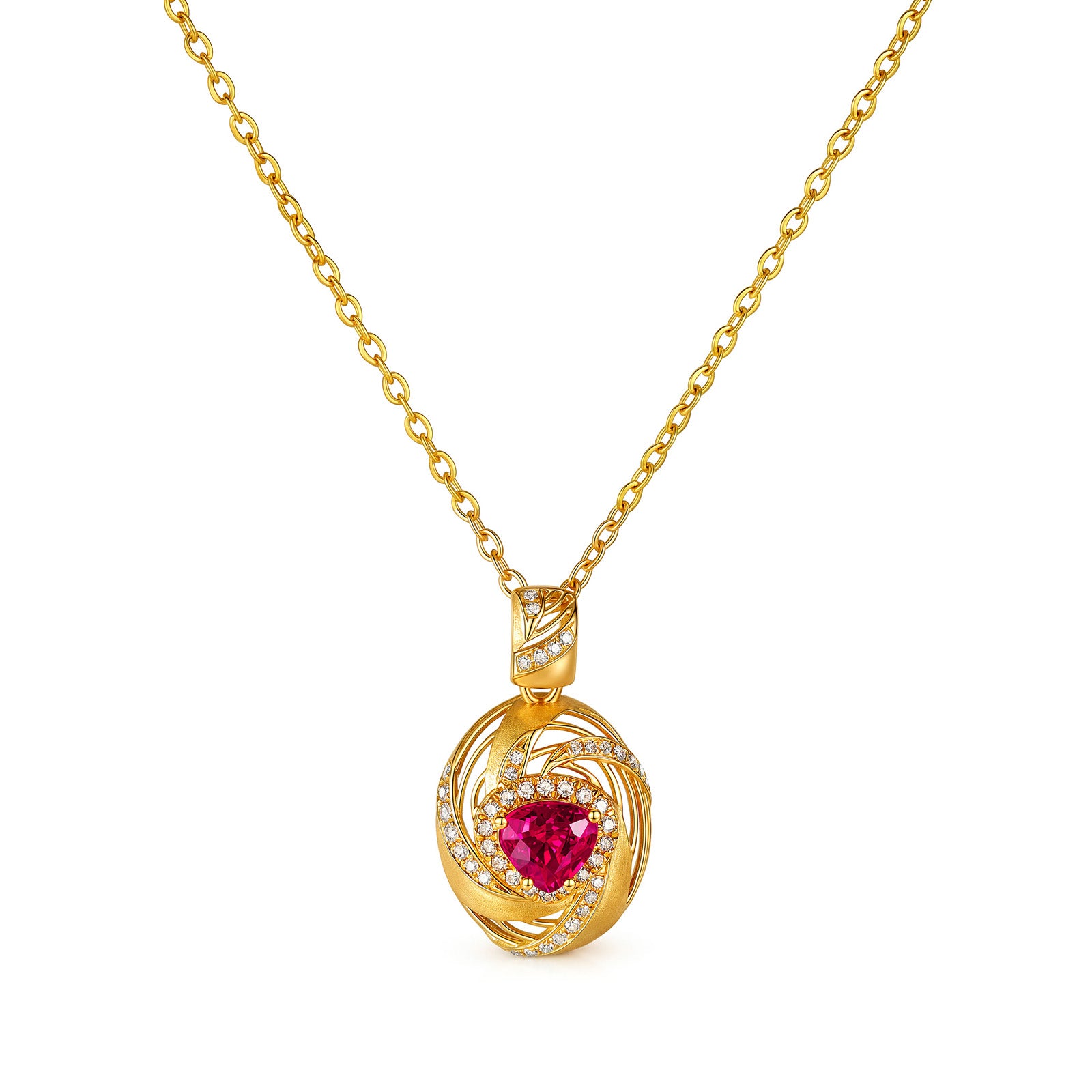 Natural Unheated Ruby & Diamond Heart Brushed Swirl Pendant in 18K Yellow Gold (Pendant Only)