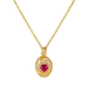 Natural Unheated Ruby & Diamond Heart Brushed Swirl Pendant in 18K Yellow Gold (Pendant Only)