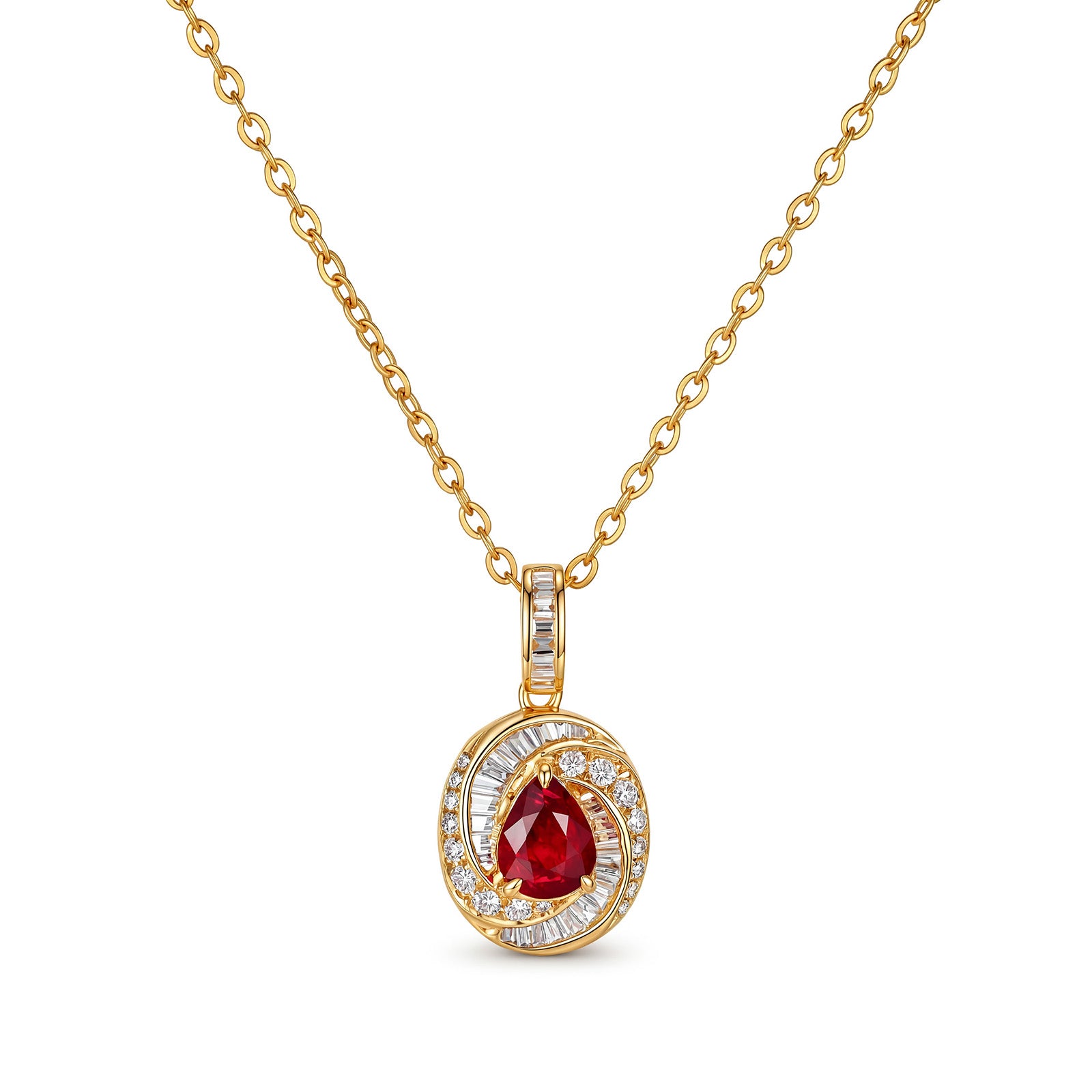 Natural Unheated Ruby & Diamond Pear Double Halo Pendant in 18K Yellow Gold (Pendant Only)