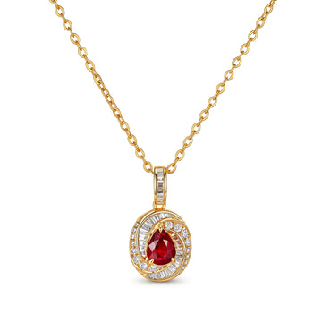 Natural Unheated Ruby & Diamond Pear Double Halo Pendant in 18K Yellow Gold (Pendant Only)