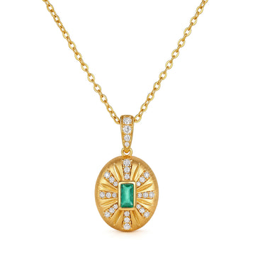Natural Emerald & Diamond Oval Brushed Sunburst Pendant in 18K Yellow Gold (Pendant Only)