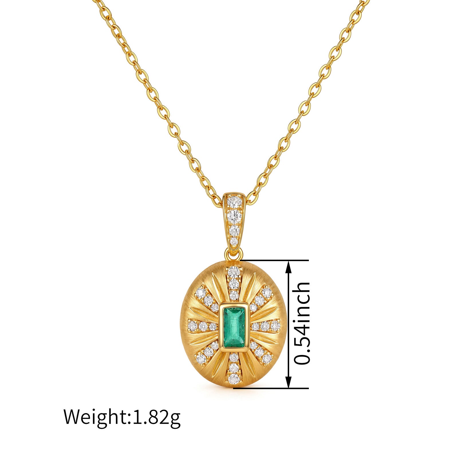 Natural Emerald & Diamond Oval Brushed Sunburst Pendant in 18K Yellow Gold (Pendant Only)
