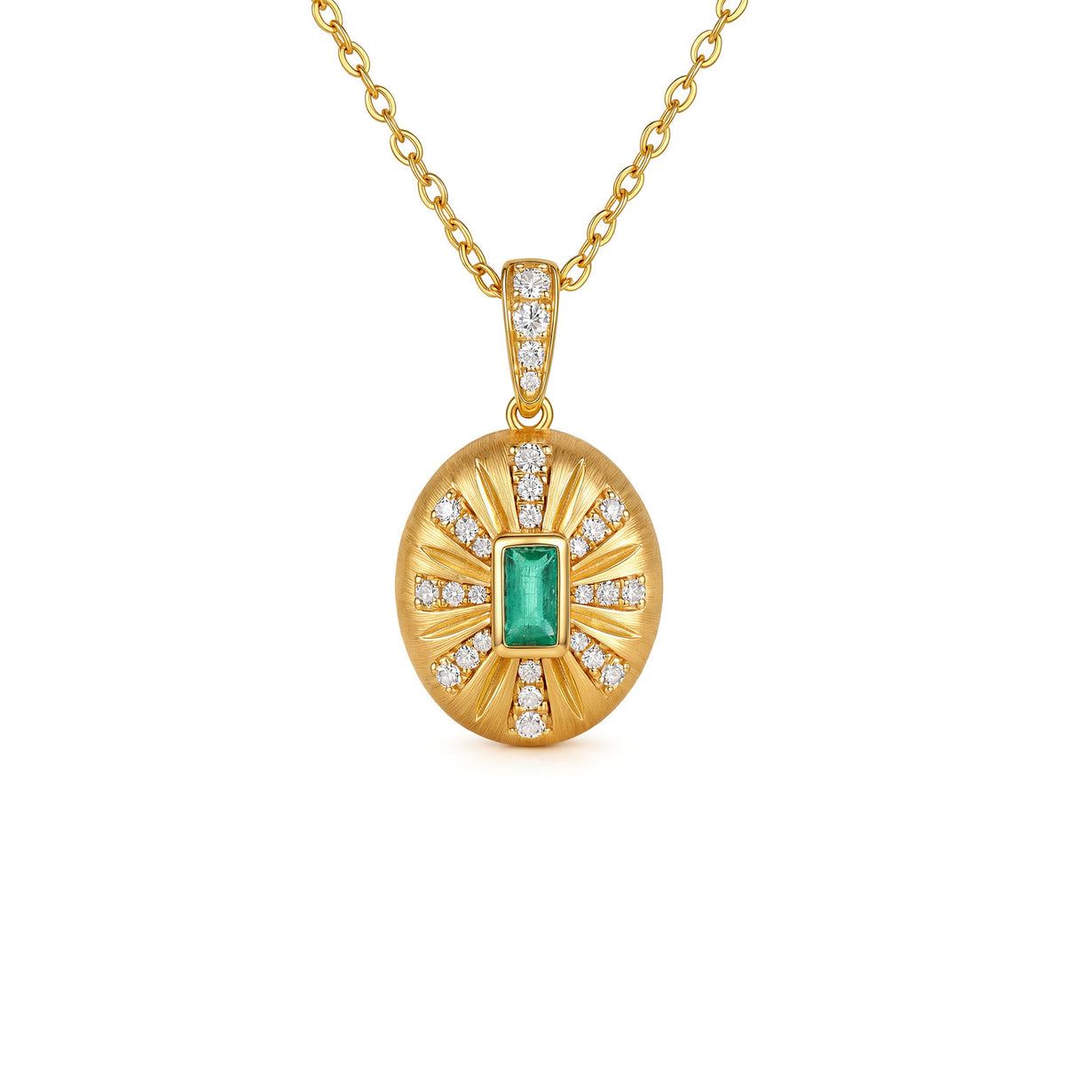 ⭐️Natural Emerald & Diamond Oval Brushed Sunburst Pendant in 18K Yellow Gold (Pendant Only)