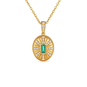 ⭐️Natural Emerald & Diamond Oval Brushed Sunburst Pendant in 18K Yellow Gold (Pendant Only)