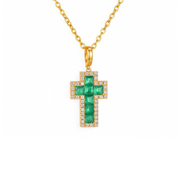⭐️0.13ct Natural Emerald & Diamond Cross Pendant 18K Gold (Pendant Only)