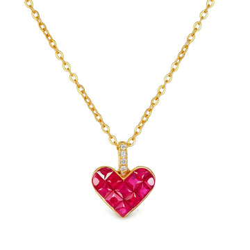 Natural Ruby & Diamond Invisible Set Heart Pendant in 18K Yellow Gold (Pendant Only)