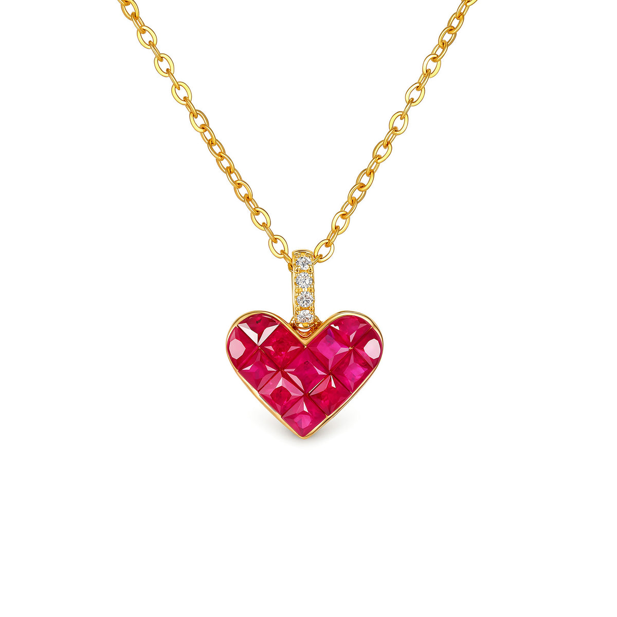 ⭐️Natural Ruby & Diamond Invisible Set Heart Pendant in 18K Yellow Gold (Pendant Only)
