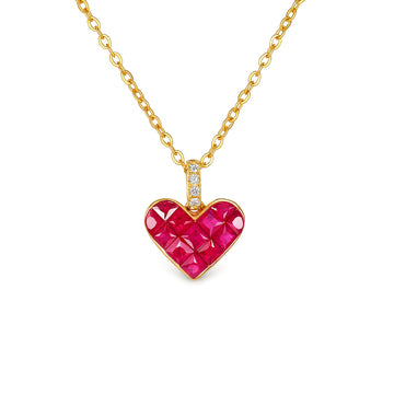 ⭐️Natural Ruby & Diamond Invisible Set Heart Pendant in 18K Yellow Gold (Pendant Only)