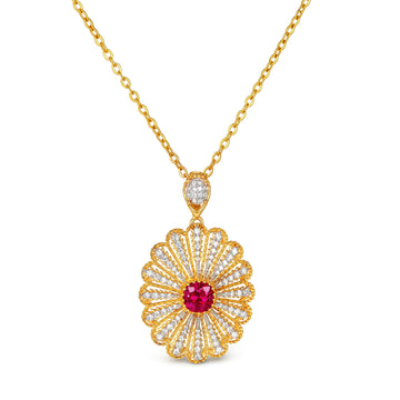 Natural Ruby & Diamond Daisy Flower Pendant in 18K Yellow Gold (Pendant Only)