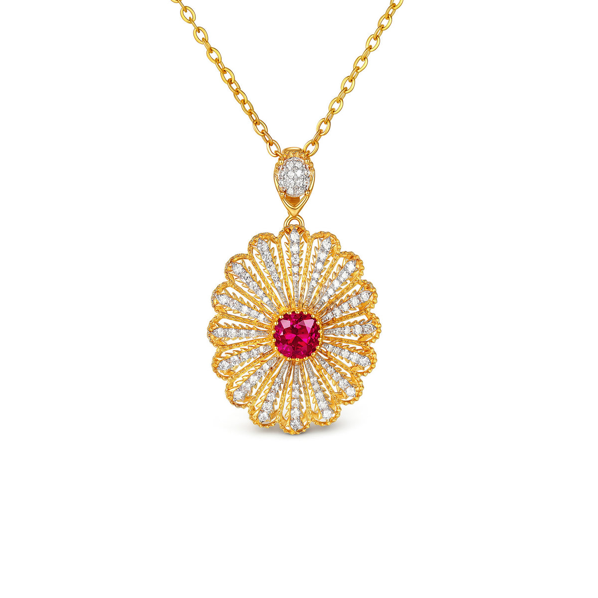 ⭐️Natural Ruby & Diamond Daisy Flower Pendant in 18K Yellow Gold (Pendant Only)