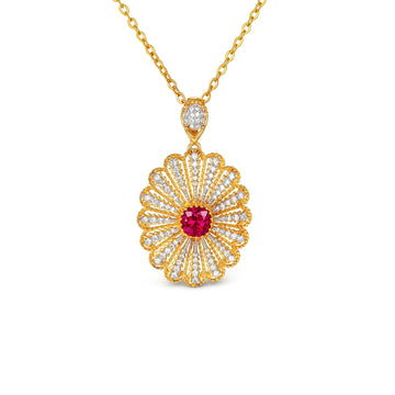 ⭐️Natural Ruby & Diamond Daisy Flower Pendant in 18K Yellow Gold (Pendant Only)