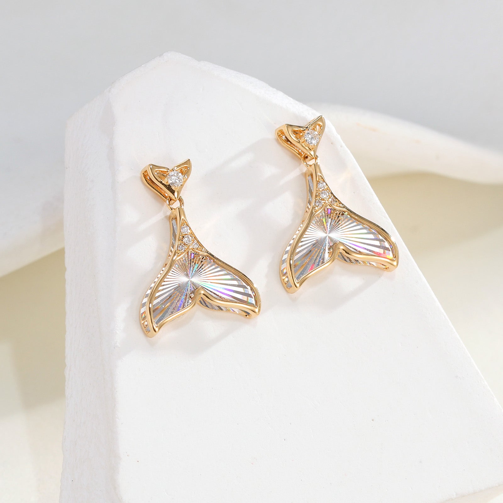 18K Solid Gold Mermaid Tail Radiant Cut Diamond Dangle Earrings