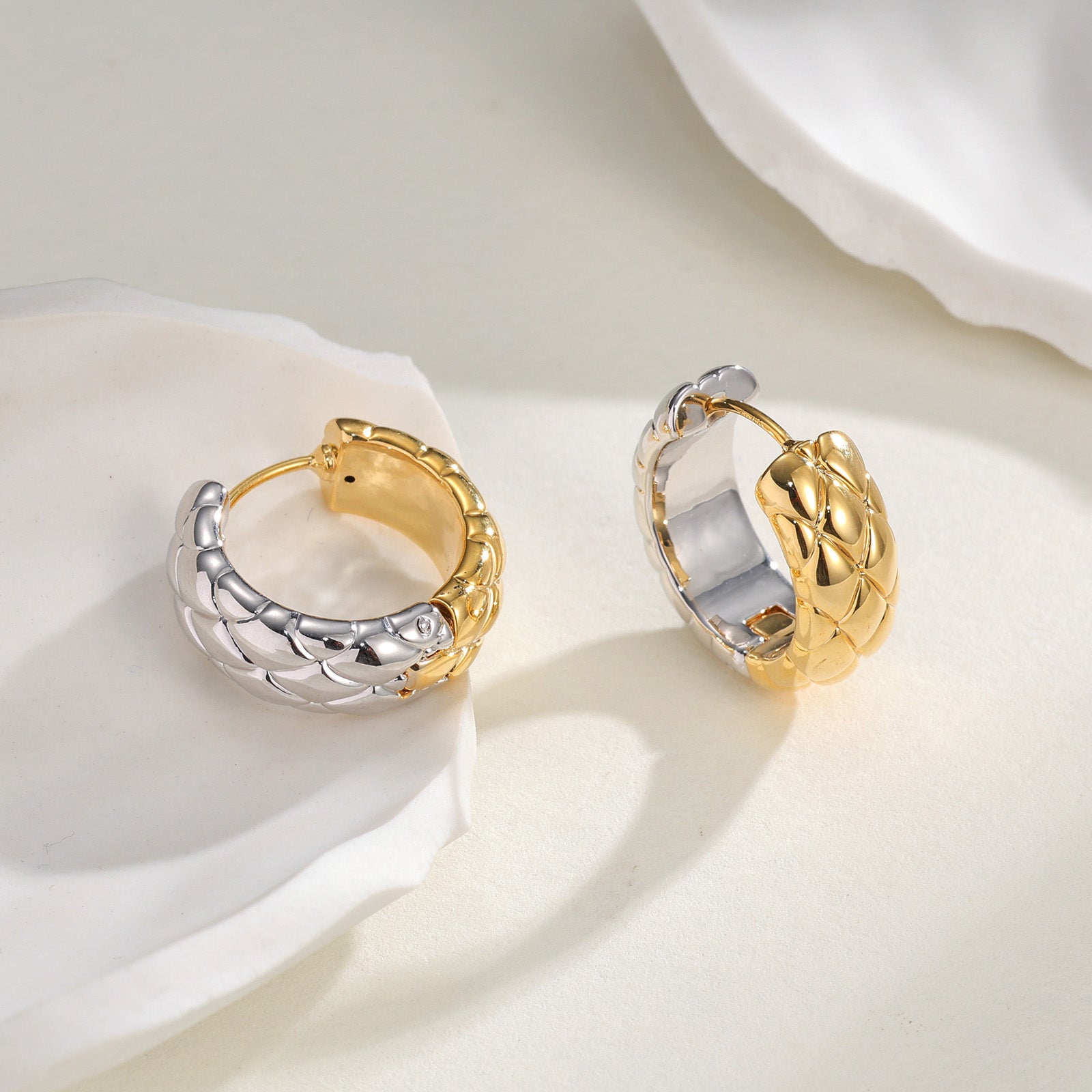 18K Two-Tone Gold Quilted Texture Huggie Hoop Earrings