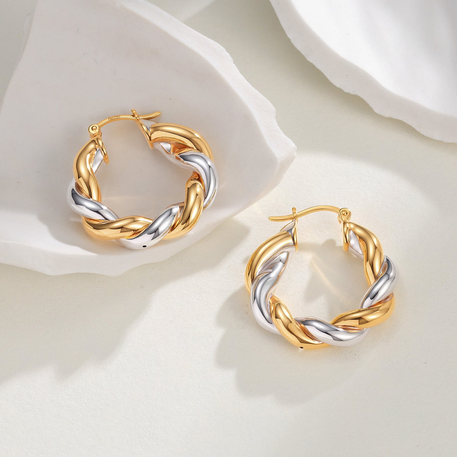 18K Solid Gold Two-Tone Gold Twisted Hoop Huggie Earrings